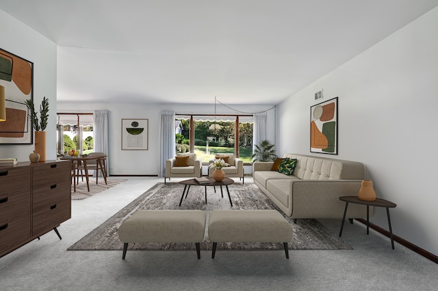 living room featuring light carpet