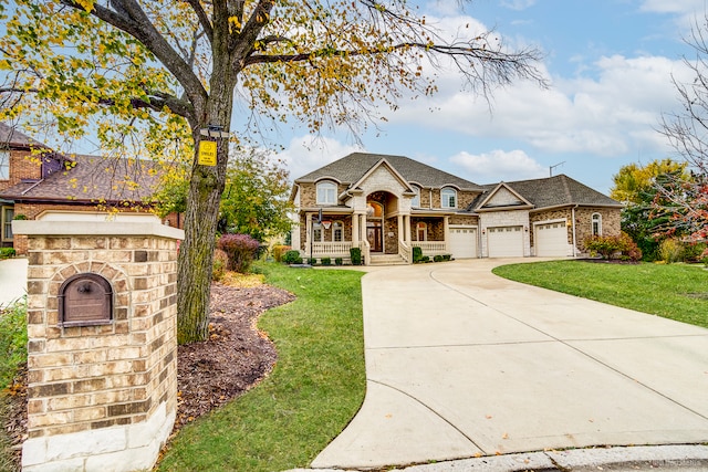 french country inspired facade with a porch, a garage, and a front lawn