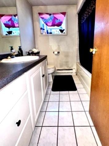 6634 W 95th St Unit 1D, Oak Lawn, IL 60453 - bathroom with tile patterned floors, toilet, vanity, a baseboard radiator, and shower / bathtub combination with curtain