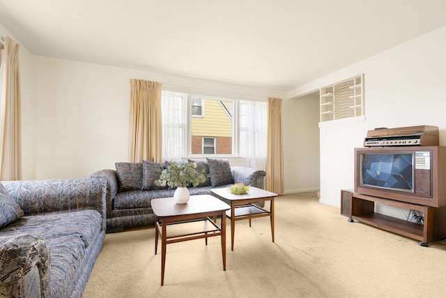 living room featuring light carpet