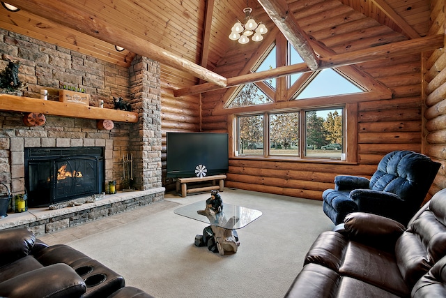 carpeted living room featuring a fireplace, wood ceiling, beam ceiling, high vaulted ceiling, and rustic walls