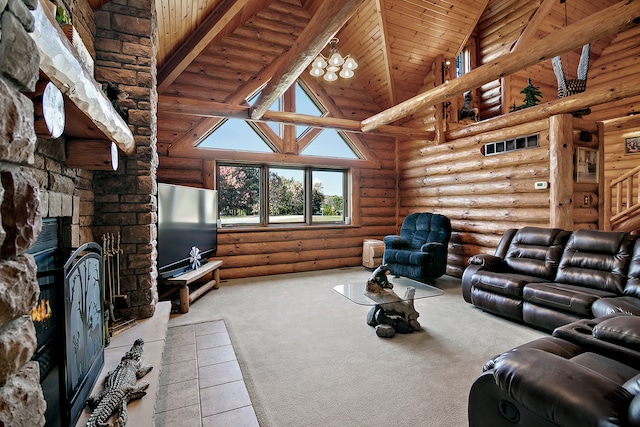 unfurnished living room featuring light carpet, wood ceiling, high vaulted ceiling, rustic walls, and a fireplace