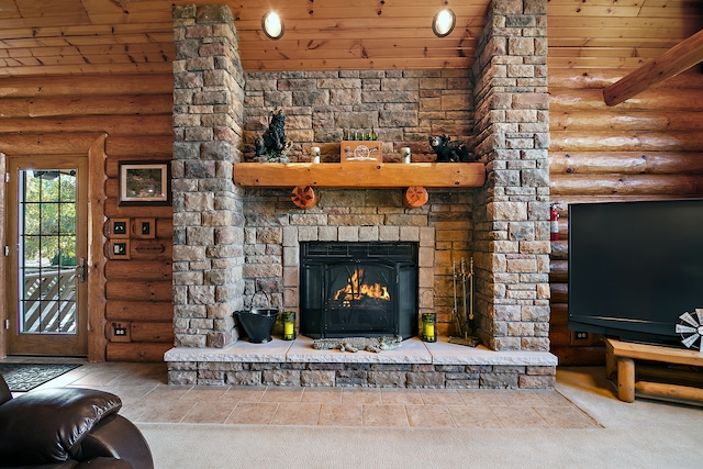 unfurnished living room with log walls, wood ceiling, and a fireplace