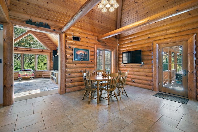 unfurnished dining area featuring beam ceiling, log walls, wood ceiling, and a wealth of natural light