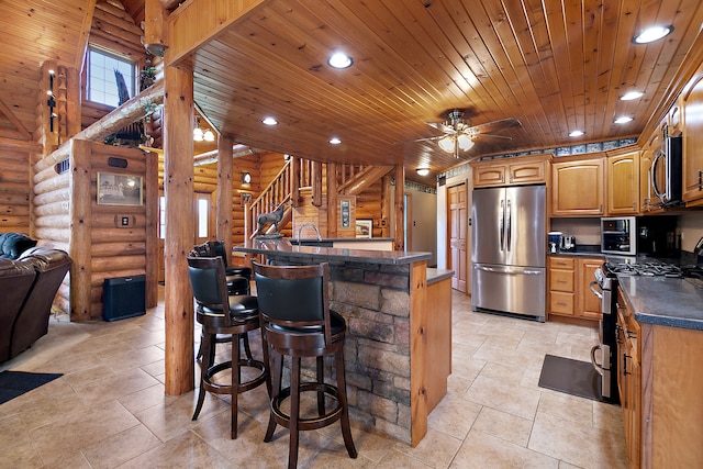 kitchen with log walls, appliances with stainless steel finishes, a breakfast bar, and wooden ceiling