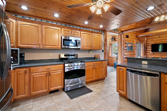 kitchen featuring stainless steel appliances, wooden ceiling, rustic walls, and ceiling fan