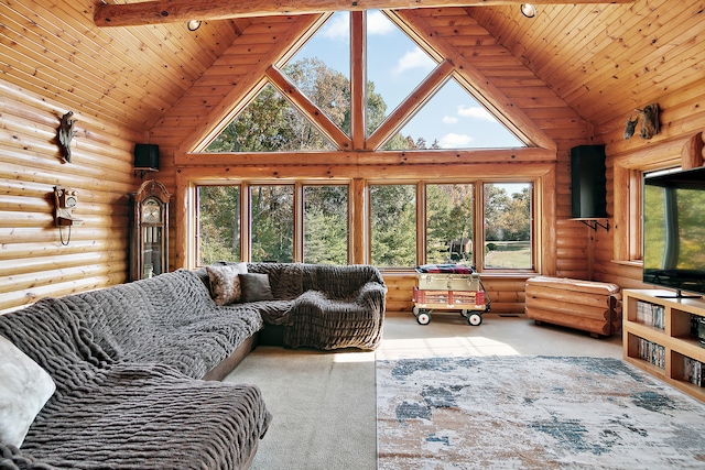 carpeted living room featuring rustic walls, high vaulted ceiling, and wooden ceiling