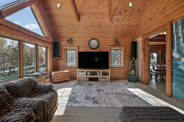 carpeted living room with beamed ceiling, wood ceiling, and high vaulted ceiling