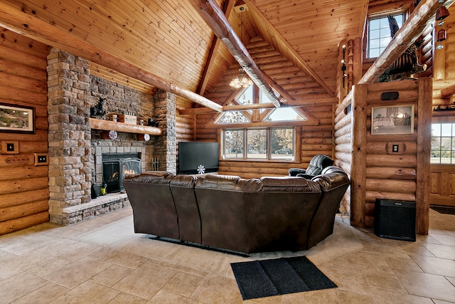 living room featuring a stone fireplace, wood ceiling, high vaulted ceiling, and log walls