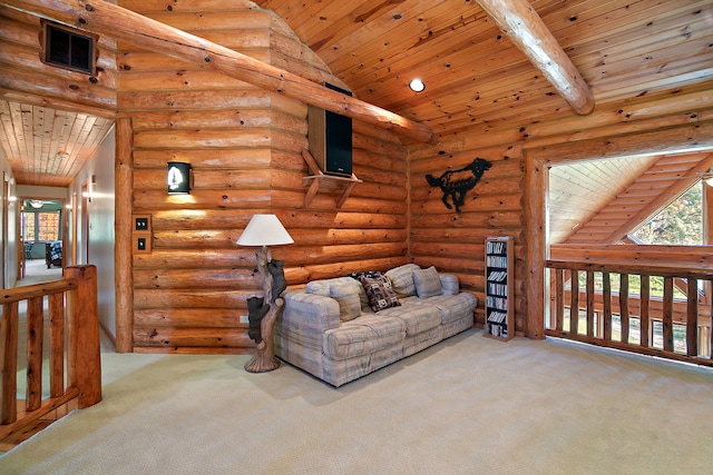 living room featuring light carpet, wood ceiling, beamed ceiling, and rustic walls