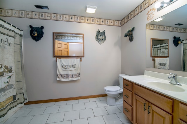 bathroom with vanity, toilet, walk in shower, and tile patterned flooring