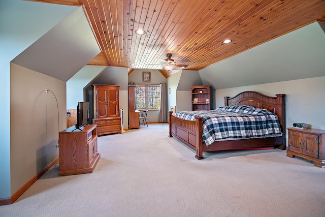 bedroom featuring light carpet, wood ceiling, vaulted ceiling, and ceiling fan