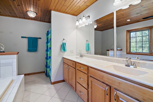 bathroom with vanity, separate shower and tub, wooden ceiling, and tile patterned flooring