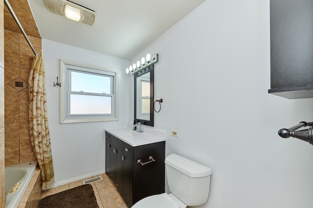 full bathroom featuring toilet, shower / bathtub combination with curtain, vanity, and tile patterned floors