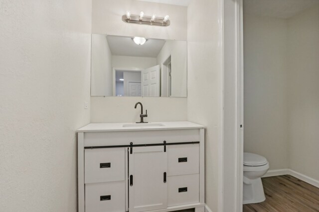 bathroom featuring vanity, wood-type flooring, and toilet