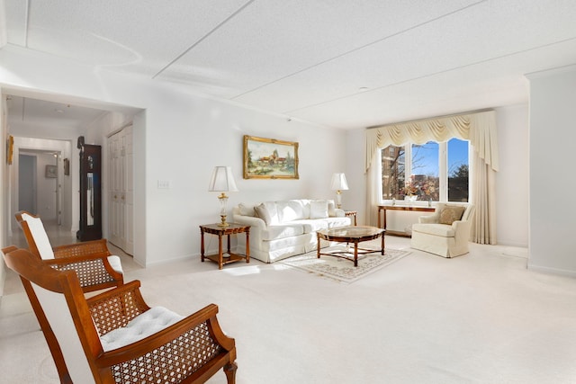 living room with a textured ceiling and carpet flooring