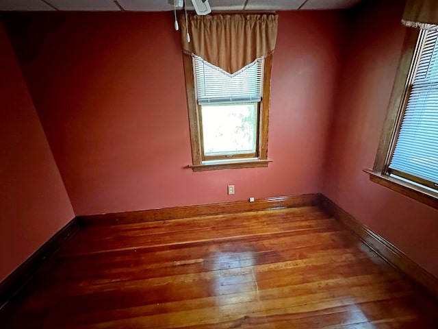 unfurnished room featuring hardwood / wood-style floors, a paneled ceiling, and ceiling fan