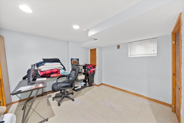 office area featuring visible vents, recessed lighting, and baseboards