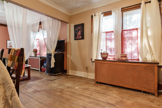 interior space with crown molding, radiator heating unit, and hardwood / wood-style flooring