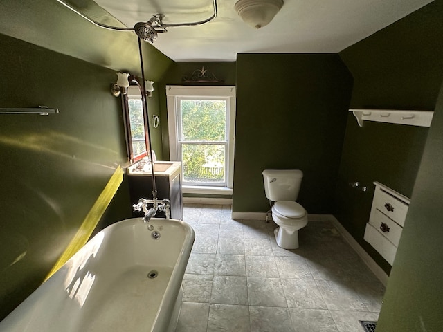 bathroom with vanity, toilet, and a washtub