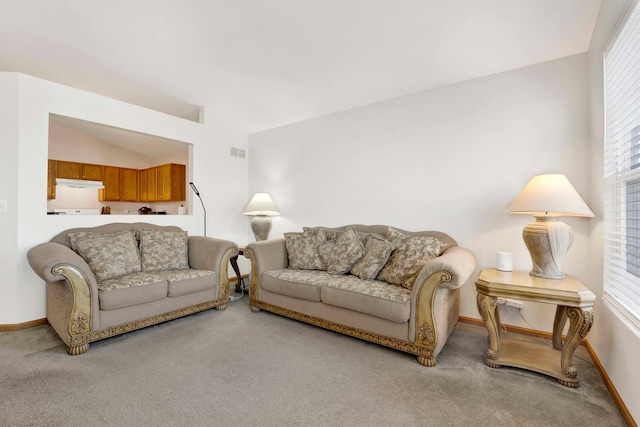 living room with carpet floors and vaulted ceiling