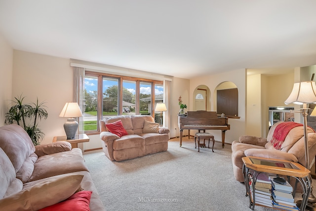 living room featuring light carpet