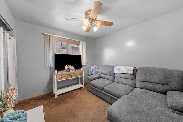 living room with carpet floors and ceiling fan