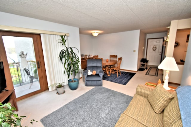 carpeted living room with a textured ceiling