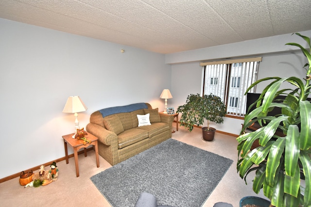 living room featuring carpet floors and a textured ceiling