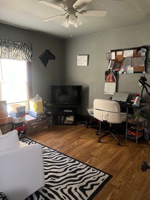 office space with wood-type flooring and ceiling fan