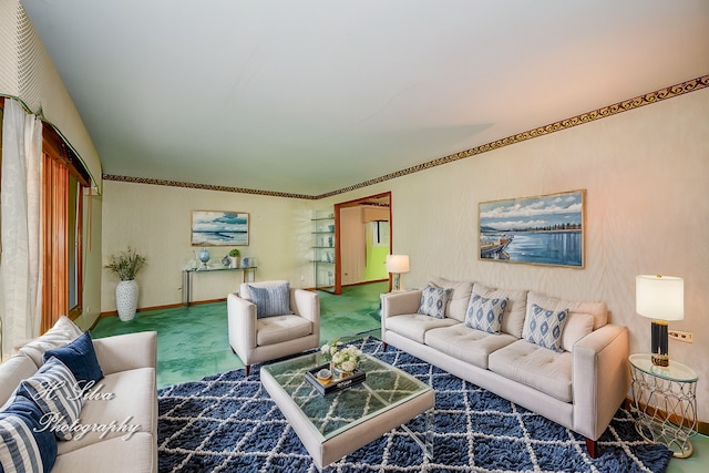 living room featuring crown molding and carpet flooring