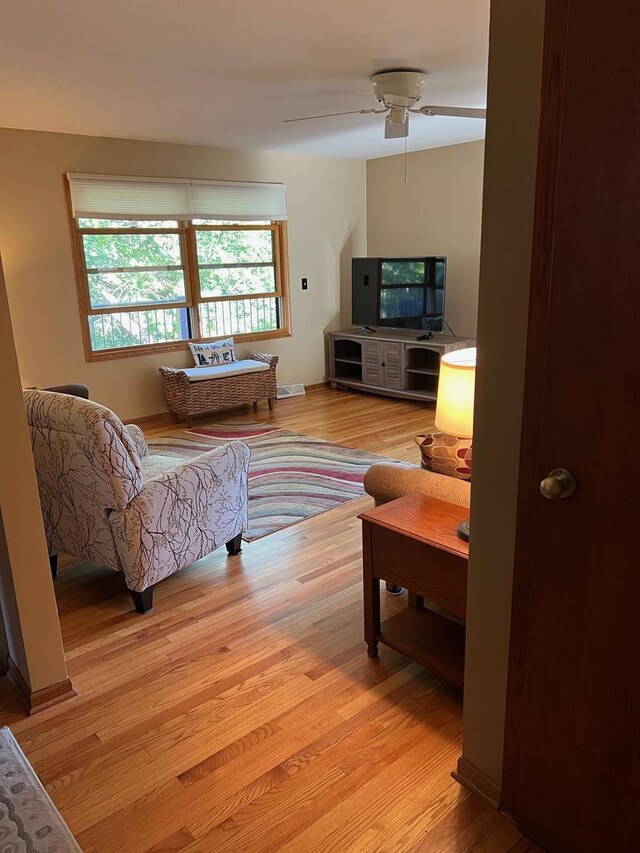 living room featuring ceiling fan and light hardwood / wood-style flooring