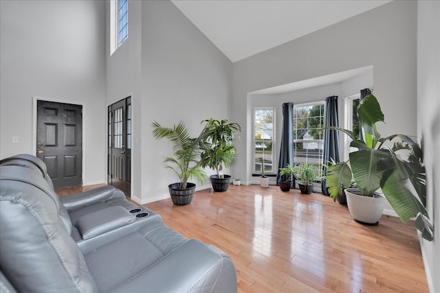 living room featuring hardwood / wood-style flooring and high vaulted ceiling