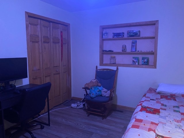 bedroom featuring hardwood / wood-style floors and a closet