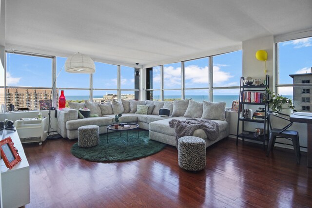 living room featuring a water view, dark hardwood / wood-style flooring, and a wall of windows