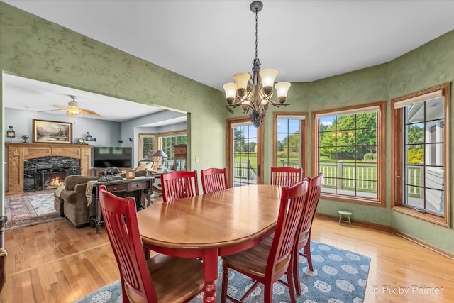 dining space with light hardwood / wood-style floors, a premium fireplace, and plenty of natural light