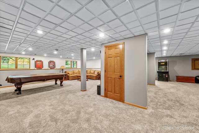 rec room featuring carpet and billiards