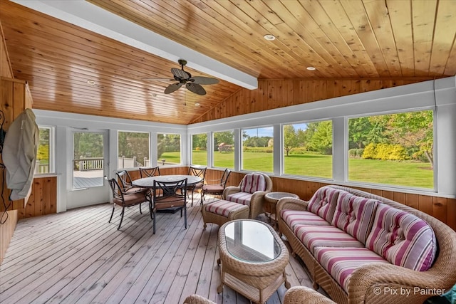 sunroom / solarium with ceiling fan, wooden ceiling, and vaulted ceiling with beams