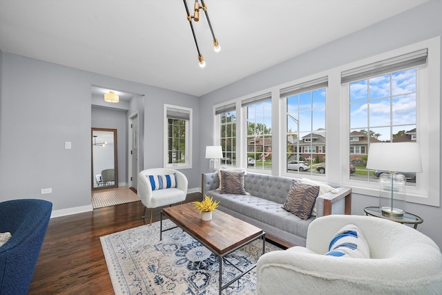 living room with dark hardwood / wood-style floors