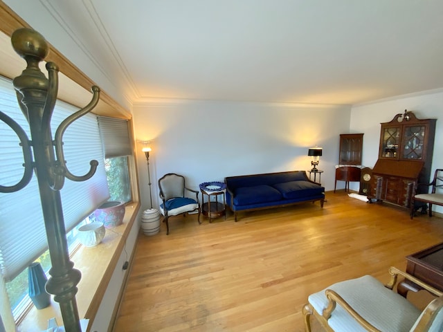 living room featuring light wood-type flooring and ornamental molding