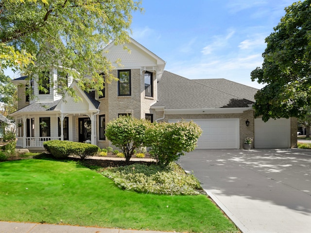 view of front of home with a garage, a front lawn, and a porch