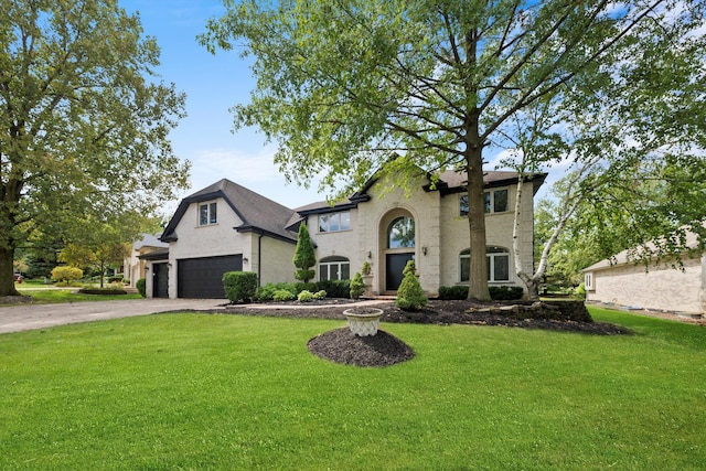 view of front facade featuring a garage and a front lawn