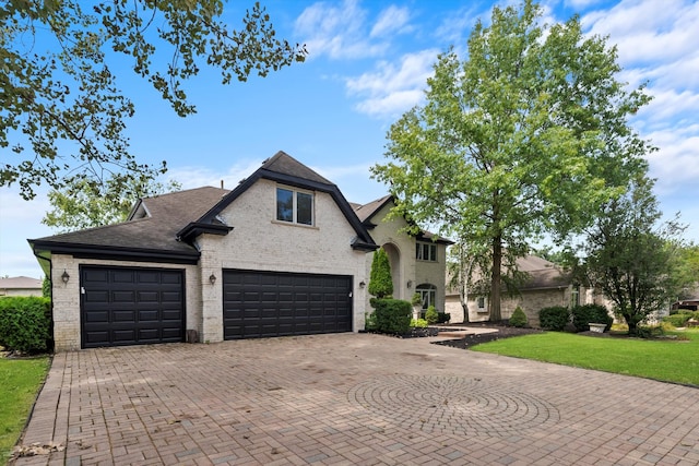 view of front facade with a front lawn and a garage