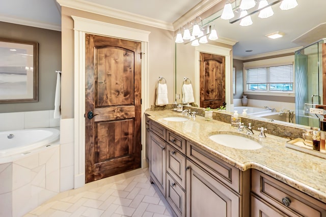 bathroom with vanity, crown molding, a relaxing tiled tub, and an inviting chandelier