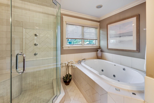 bathroom featuring tile patterned floors, crown molding, and shower with separate bathtub