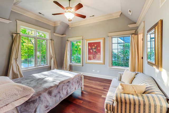 bedroom featuring dark hardwood / wood-style flooring, crown molding, vaulted ceiling, and ceiling fan