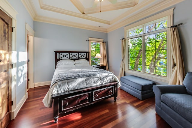 bedroom with ornamental molding, a tray ceiling, dark wood-type flooring, and ceiling fan