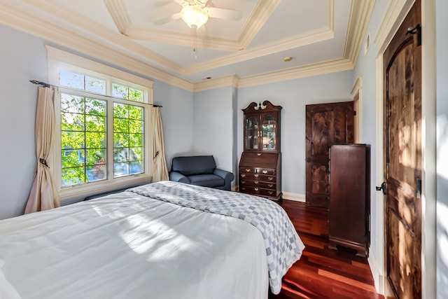 bedroom featuring ornamental molding, dark hardwood / wood-style floors, a tray ceiling, and ceiling fan