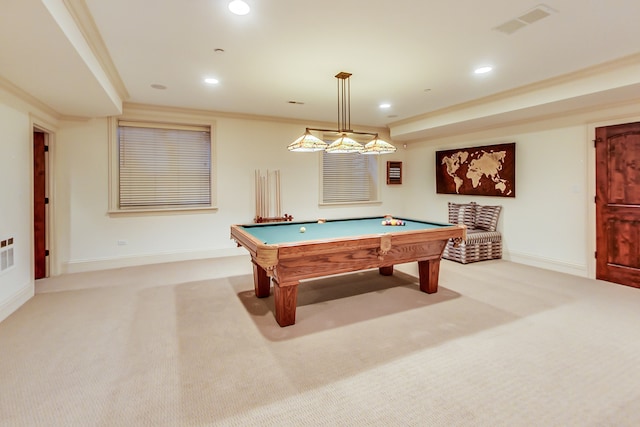 playroom featuring crown molding, light carpet, and billiards