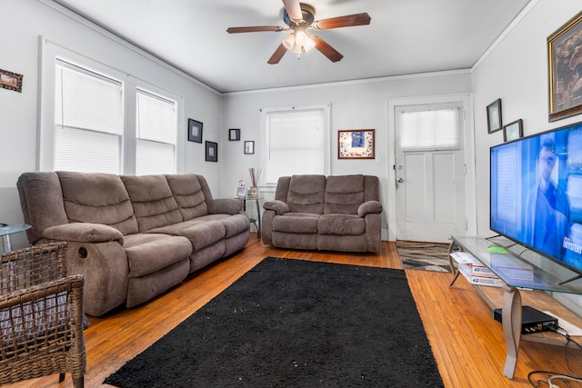 living room featuring crown molding, light wood-type flooring, and ceiling fan